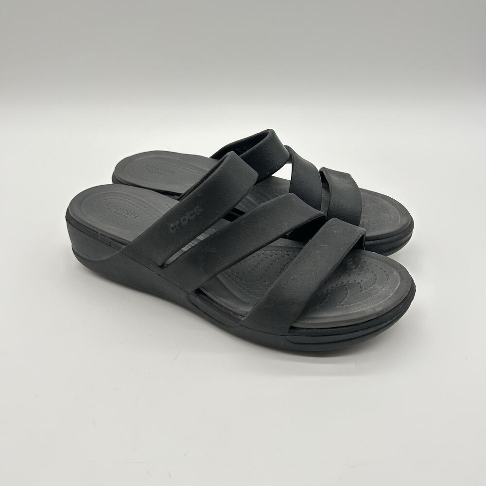 Crocs Monterey Dual Comfort Wedge Sandals Women's 7 Black Slip On Comfort Shoes